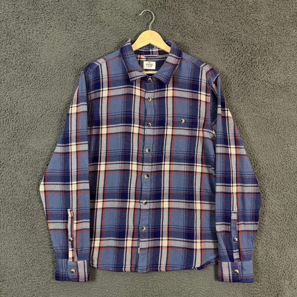 Marine Layer Shirt Mens Medium Blue Plaid Stretch Salvage Long Sleeve Casual